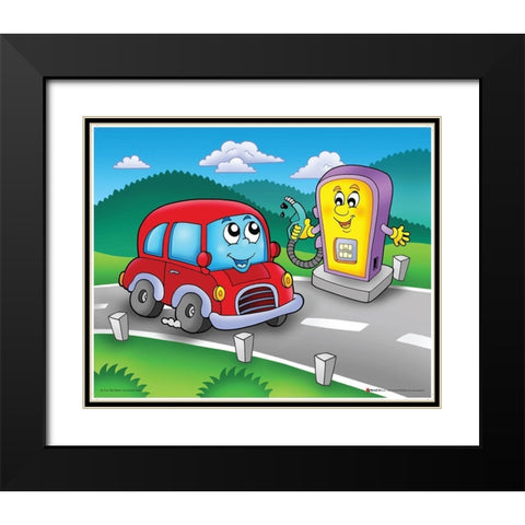 Red Car with Smiling Petrol Station Black Modern Wood Framed Art Print with Double Matting by Viskova, Klara