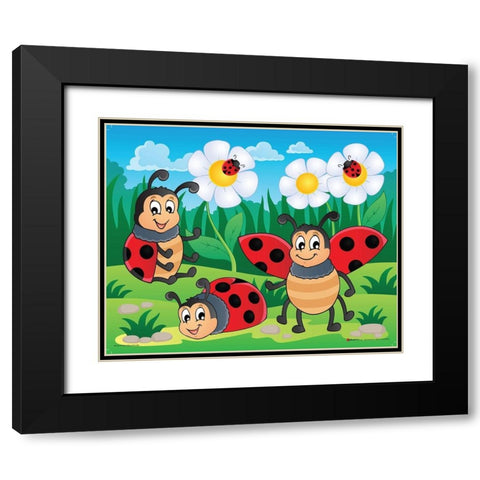Ladybirds Black Modern Wood Framed Art Print with Double Matting by Viskova, Klara