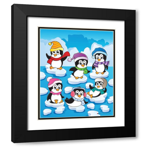 Happy Pinguins Black Modern Wood Framed Art Print with Double Matting by Viskova, Klara
