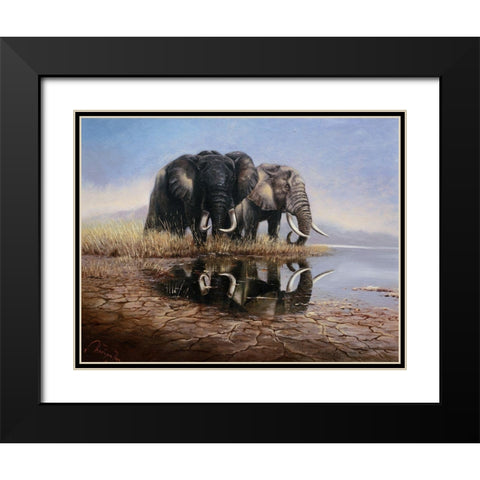 Two Elephants Black Modern Wood Framed Art Print with Double Matting by Skorepa, Jan