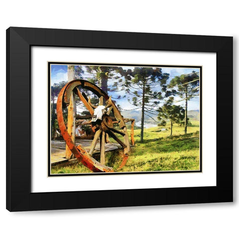 Old Wheel in the Wood Black Modern Wood Framed Art Print with Double Matting by Medeiros, Celito