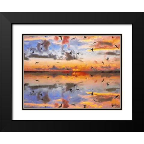 Sunset with Seagulls Black Modern Wood Framed Art Print with Double Matting by Medeiros, Celito
