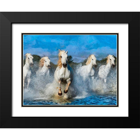 White Running Horses II Black Modern Wood Framed Art Print with Double Matting by Medeiros, Celito