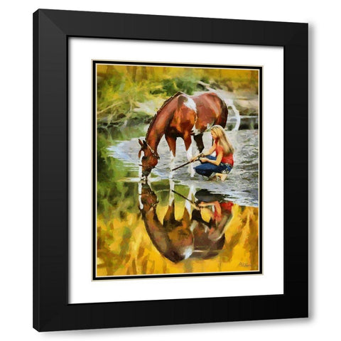 Girl with Drinking Horse Black Modern Wood Framed Art Print with Double Matting by Medeiros, Celito