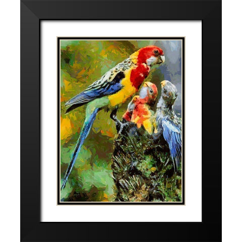 Parrot Family Black Modern Wood Framed Art Print with Double Matting by Medeiros, Celito