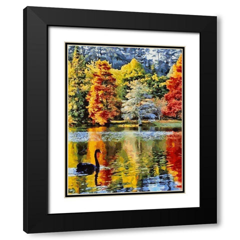 Black Swan with colorful Trees Black Modern Wood Framed Art Print with Double Matting by Medeiros, Celito