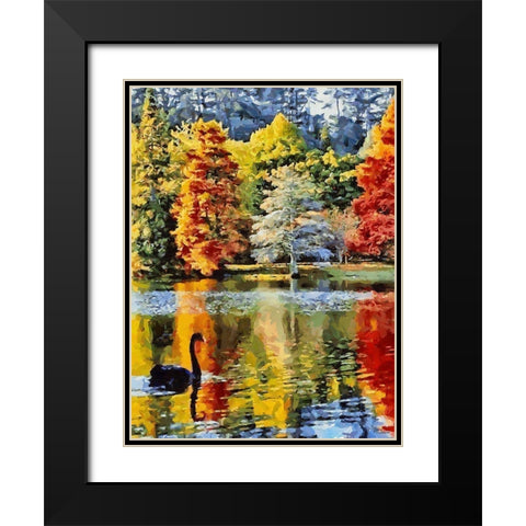 Black Swan with colorful Trees Black Modern Wood Framed Art Print with Double Matting by Medeiros, Celito