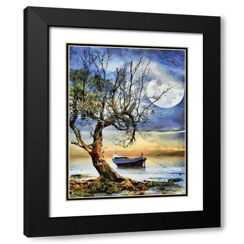 Boat, Tree and Moon Black Modern Wood Framed Art Print with Double Matting by Medeiros, Celito
