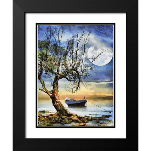 Boat, Tree and Moon Black Modern Wood Framed Art Print with Double Matting by Medeiros, Celito