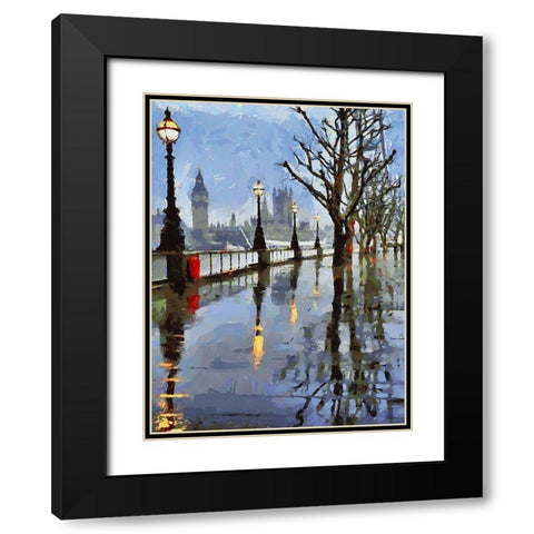 Rainy London Black Modern Wood Framed Art Print with Double Matting by Medeiros, Celito