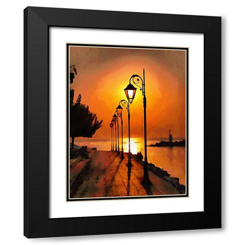 Lamps in the Harbor by Sunset Black Modern Wood Framed Art Print with Double Matting by Medeiros, Celito