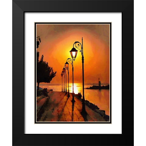 Lamps in the Harbor by Sunset Black Modern Wood Framed Art Print with Double Matting by Medeiros, Celito