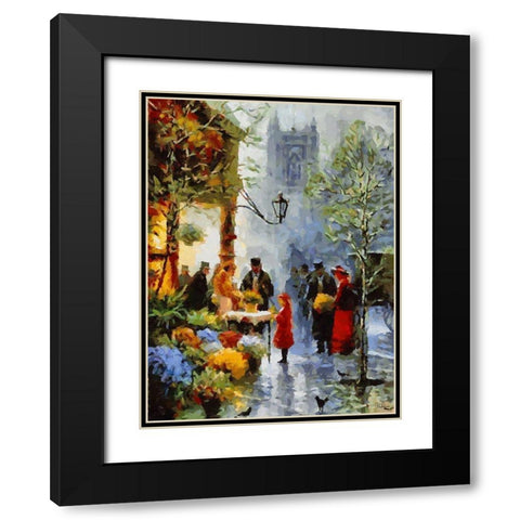 Old Paris Flower Market Black Modern Wood Framed Art Print with Double Matting by Medeiros, Celito