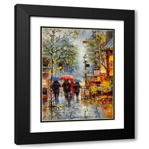Lady with Red Umbrella and Dog Black Modern Wood Framed Art Print with Double Matting by Medeiros, Celito