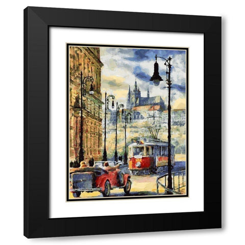 Tram in Prague Black Modern Wood Framed Art Print with Double Matting by Medeiros, Celito