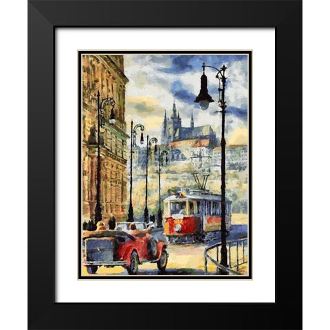 Tram in Prague Black Modern Wood Framed Art Print with Double Matting by Medeiros, Celito