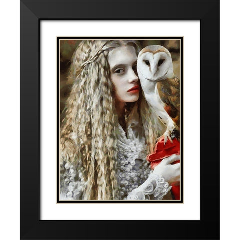 White Girl with Owl Black Modern Wood Framed Art Print with Double Matting by Medeiros, Celito