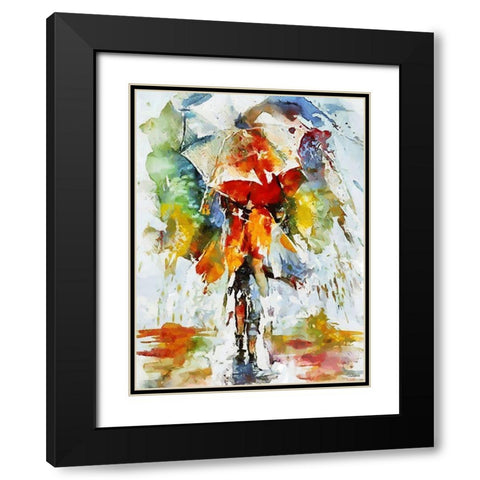 Watercolor lady with Umbrella Black Modern Wood Framed Art Print with Double Matting by Medeiros, Celito