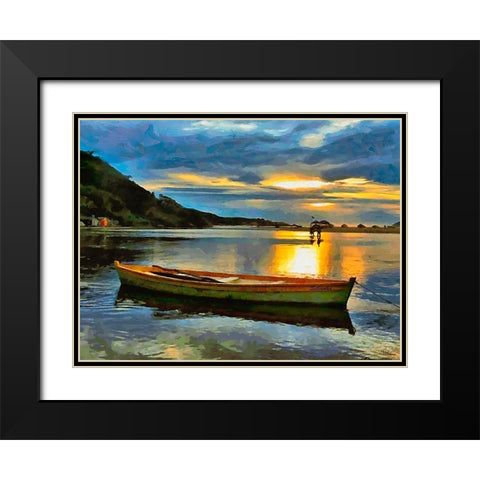 Sunset with green Boat Black Modern Wood Framed Art Print with Double Matting by Medeiros, Celito