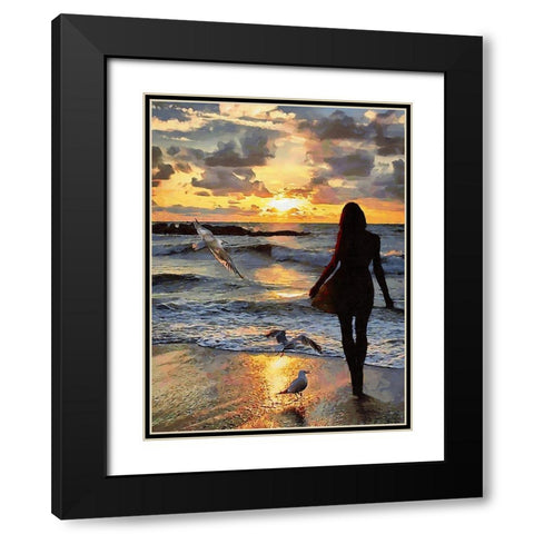 Girl with Seagulls Black Modern Wood Framed Art Print with Double Matting by Medeiros, Celito