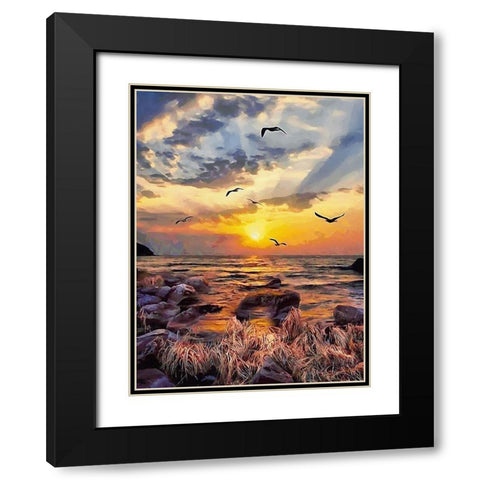 Seagulls by Sunset Black Modern Wood Framed Art Print with Double Matting by Medeiros, Celito