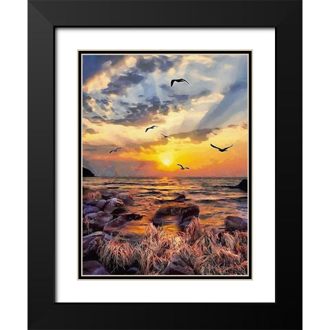 Seagulls by Sunset Black Modern Wood Framed Art Print with Double Matting by Medeiros, Celito