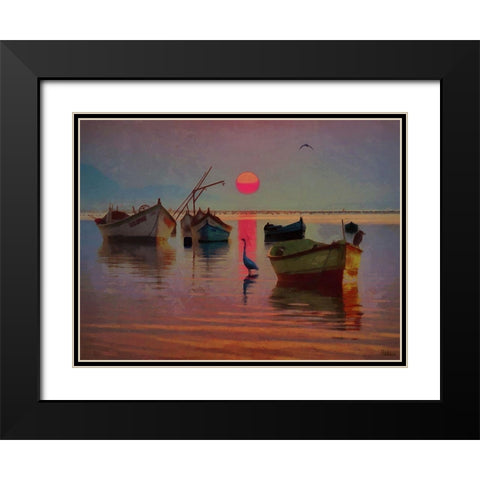 Boats with pink Sun Black Modern Wood Framed Art Print with Double Matting by Medeiros, Celito