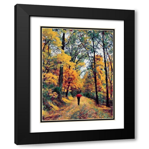 Autumn Walk with Red Umbrella Black Modern Wood Framed Art Print with Double Matting by Medeiros, Celito