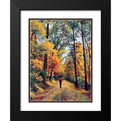 Autumn Walk with Red Umbrella Black Modern Wood Framed Art Print with Double Matting by Medeiros, Celito