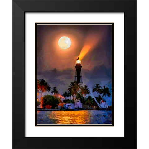 Lighthouse with Full Moon Black Modern Wood Framed Art Print with Double Matting by Medeiros, Celito