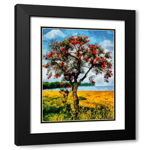 Red Tree on a Yellow Field Black Modern Wood Framed Art Print with Double Matting by Medeiros, Celito