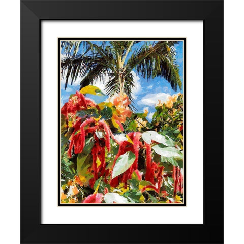 Tropical Flowers with a Palm Black Modern Wood Framed Art Print with Double Matting by Medeiros, Celito
