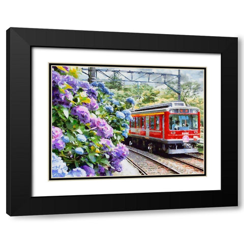 Red Train with Hydrangea Black Modern Wood Framed Art Print with Double Matting by Medeiros, Celito