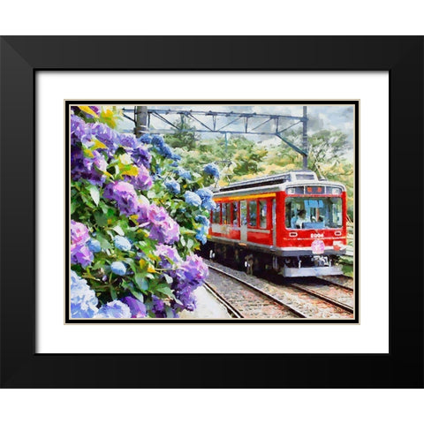 Red Train with Hydrangea Black Modern Wood Framed Art Print with Double Matting by Medeiros, Celito