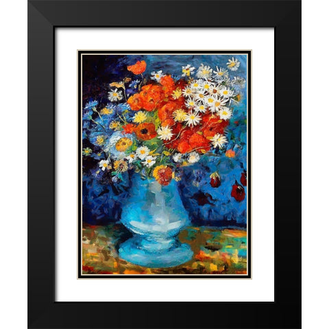 Vase with Flowers on blue Background Black Modern Wood Framed Art Print with Double Matting by Medeiros, Celito