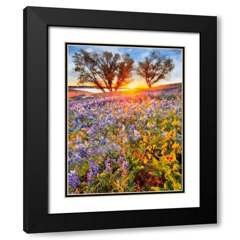Sunrise over a Meadow with blue Flowers Black Modern Wood Framed Art Print with Double Matting by Medeiros, Celito