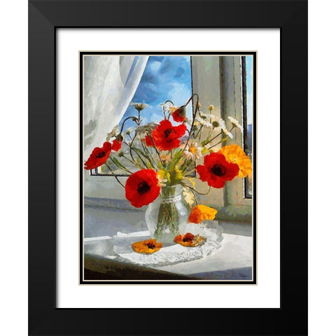 Red Poppies in Vase Black Modern Wood Framed Art Print with Double Matting by Medeiros, Celito