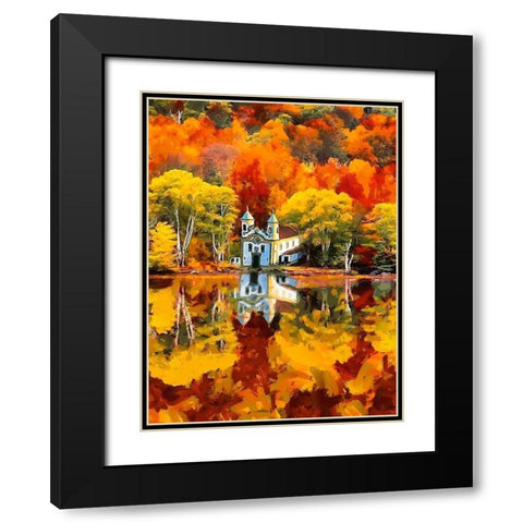 Churche by the Lake in Autumn Black Modern Wood Framed Art Print with Double Matting by Medeiros, Celito