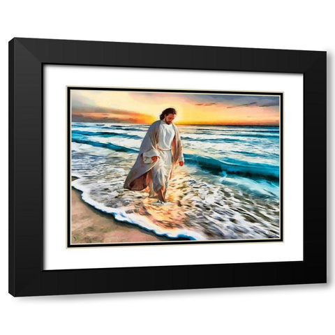 Jesus walking on the Beach Black Modern Wood Framed Art Print with Double Matting by Medeiros, Celito