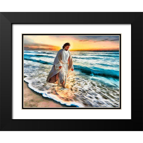 Jesus walking on the Beach Black Modern Wood Framed Art Print with Double Matting by Medeiros, Celito