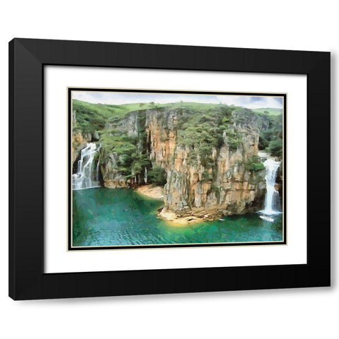 Two Wattefalls near a Rock Black Modern Wood Framed Art Print with Double Matting by Medeiros, Celito
