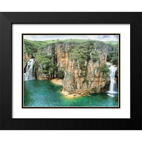 Two Wattefalls near a Rock Black Modern Wood Framed Art Print with Double Matting by Medeiros, Celito