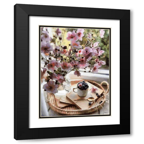 Pink Flowers with Blueberries Black Modern Wood Framed Art Print with Double Matting by Medeiros, Celito