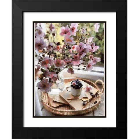Pink Flowers with Blueberries Black Modern Wood Framed Art Print with Double Matting by Medeiros, Celito