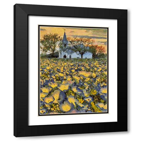 White Church behind a Filed with Flowers Black Modern Wood Framed Art Print with Double Matting by Medeiros, Celito