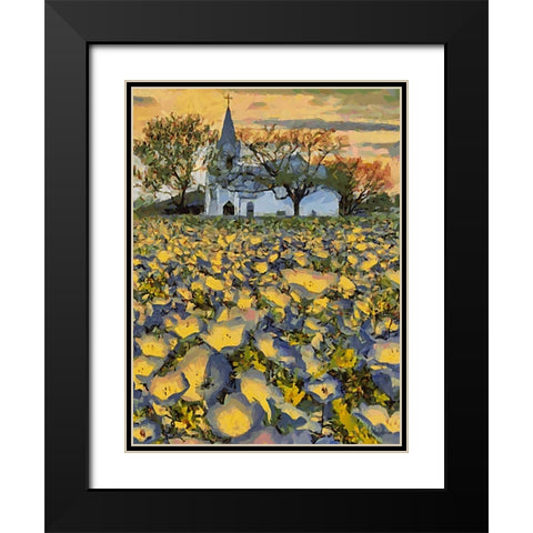 White Church behind a Filed with Flowers Black Modern Wood Framed Art Print with Double Matting by Medeiros, Celito