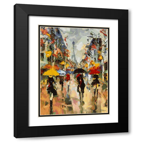 Girls in Paris with different Umbrellas Black Modern Wood Framed Art Print with Double Matting by Medeiros, Celito