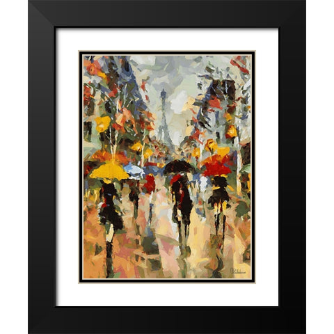 Girls in Paris with different Umbrellas Black Modern Wood Framed Art Print with Double Matting by Medeiros, Celito
