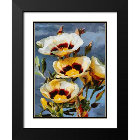 White Flowers on Blue Background Black Modern Wood Framed Art Print with Double Matting by Medeiros, Celito