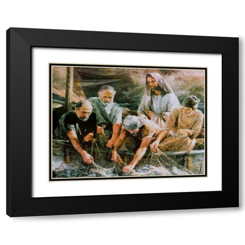 Jesus with Fishers Black Modern Wood Framed Art Print with Double Matting by Medeiros, Celito